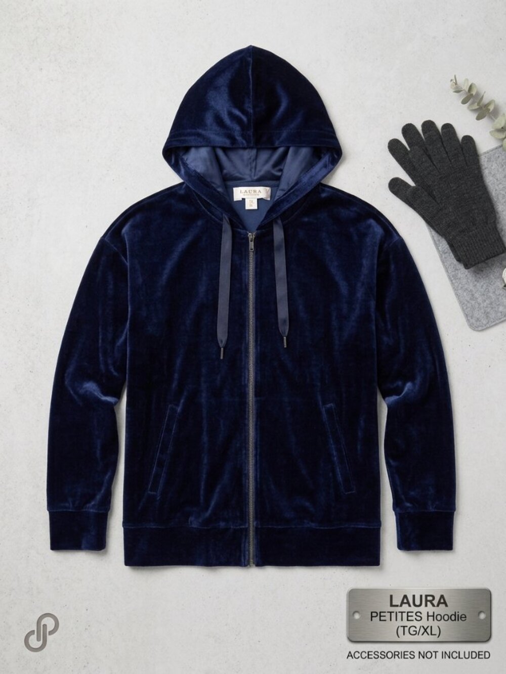 LAURA Petites Navy Blue Velvet Zip-Up Hoodie | Size TG / XL